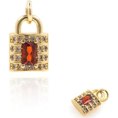 Micropavé CZ Ruby Gold Lock Necklace, Exquisite Fashion Locks, Gold Padlocks, DIY Jewelry Accessories, 15.4x8.2x3.4mm
