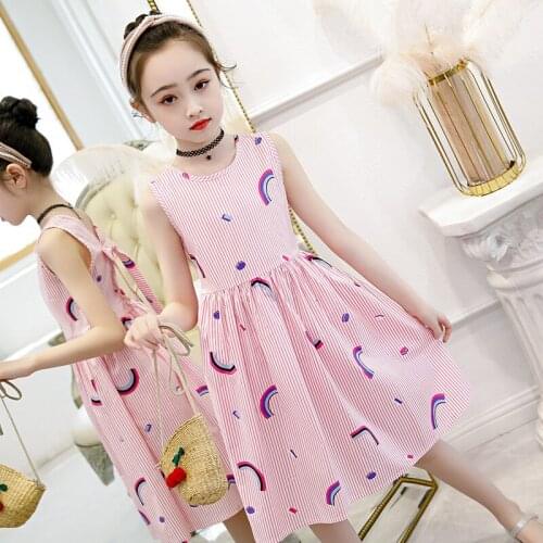 Girls Dress Childrens 2021 New Spring/summer Sleeveless Rainbow Striped Dress Korean Baby Clothes
