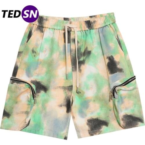 Loose Men Tie Dye Big zipper Pocket Pattern Short 2021 Summer Casual Short Hip Hop Cargo Shorts Streetwear Joggers Pockets Baggy