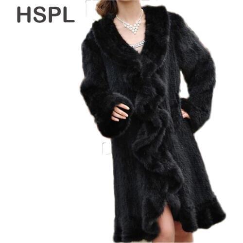 HSPL Mink Fur coat 2017 Europe Style Luxury Long Sleeve Womens Knitted Genuine Long Mink Fur Extra Large Coat 5XL 6XL 7XL
