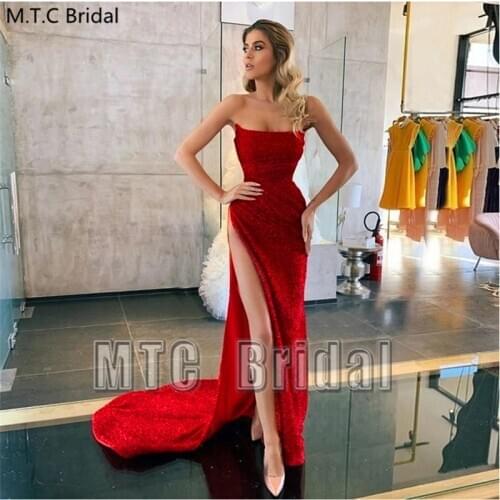 Sexy Glitter Red Long Prom Dresses With High Slit Strapless Plus Size Formal Gowns Charming Women Wedding Party Dress Customize
