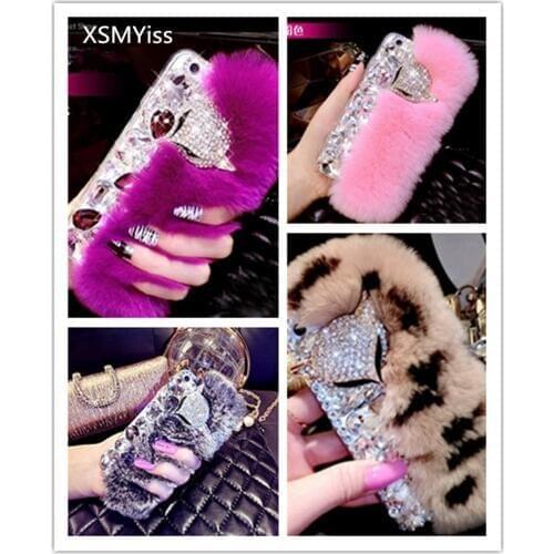 XSMYiss Warm Fluffy Rabbit Fur Bling Diamonds Fox Soft Case Cover For SamsungS6 S7 S8 S9 S10 PLUS S10 Lite Note5 8 9 Capa