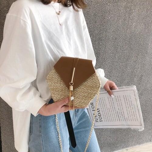 2021 Hexagon Style Straw+leather Handbag Women Summer Rattan Bag Handmade Woven Beach Circle Bohemia Shoulder Bag
