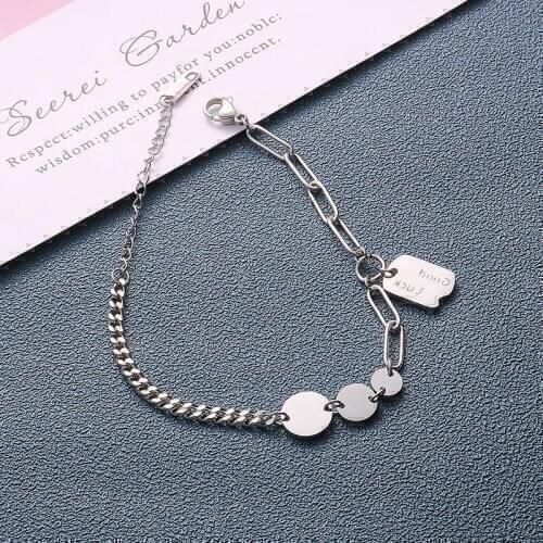 Trendy Hip Hop Style Silver Color Good Luck Tag Stainless Steel Women Bracelets Female Niche Design Personality Bracelet Jewelry