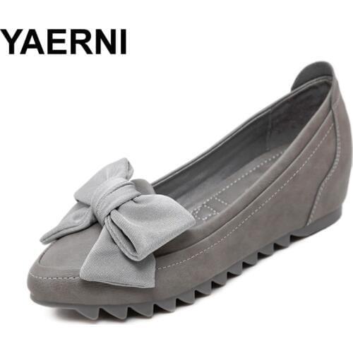 YAERNI Size 31-42 Newly Autumn 2017 Woman Microfiber Leather Shoes Fashion Lady Leather With Bowtie Shoes Soft Woman Flats