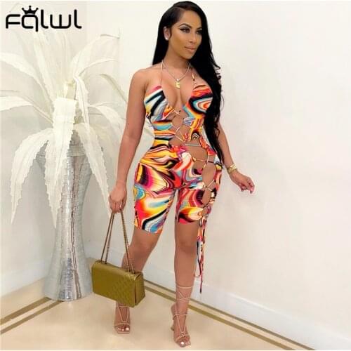 FQLWL Summer Sleeveless Backless Bodycon Rompers Womens Jumpsuit Purple Print Sexy Hollow Out Club Party Bandage Rompers Shorts