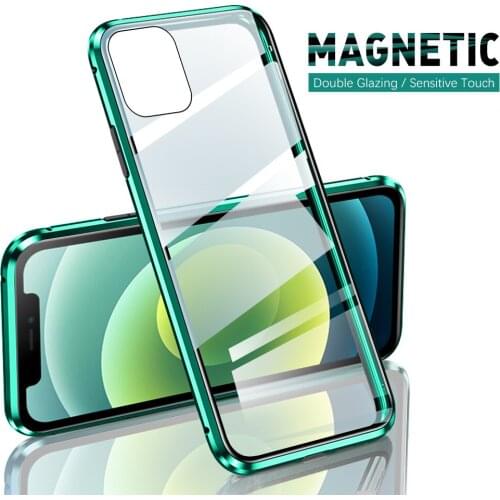 Aluminum Magnetic Metal Bumper Flip Double-Side Case For iPhone 12 Glass Phone Cover Shell Coque For APPLE Aifon iPhone12 6.1"