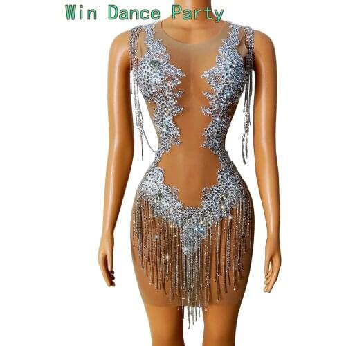Shinning See Through Naked Deep V collar Hot Rhinestone Fringes Short Dress Sexy Birthday Prom Party Bodycon Nightclub Singer