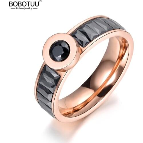 BOBOTUU Fashion Jewelry Stainless Steel Rhinestone Engagement Ring Black/Clear CZ Crystal Wedding Rings Drop Shipping BR18045
