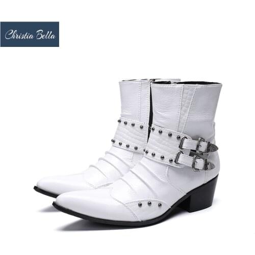 Christia Bella Western Cowboy Men Boots 6.5cm Heel White Genuine Leather Punk Style Pointed Toe Military Motorcycle Botas Hombre