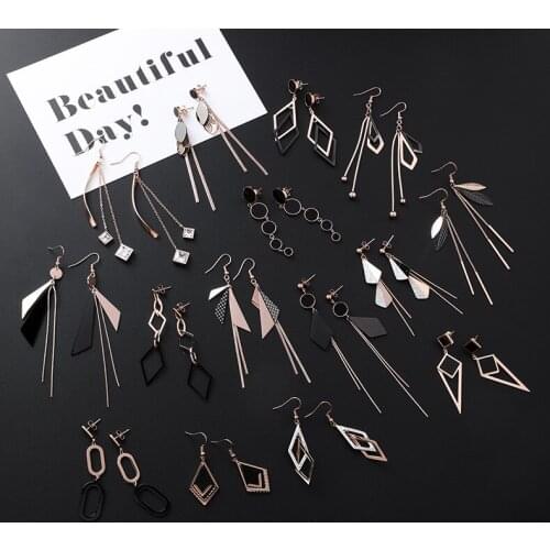 BUDROVKY Fashion Geometry Pattern Fashion Titanium Steel Tassel Earrings Stainless Steel Triangle round Diamond Leaves Long Ear