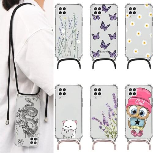 Flower Butterfly Coque For Samsung Galaxy A22 4G Case 6.4" PC Hard Airbag Capa For Samsung a22 a 22 SM-A225F Lanyards Rope Cover
