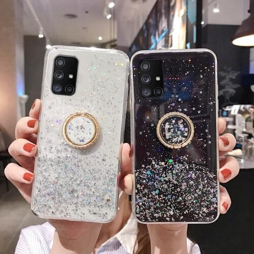 For Samsung A20S A21S A10 A50 A70 A31 A51 A71 A72 A52 A42 A32 A12 5G A02S Sequins Glitter Ring Holder Case Silicone Phone Cover