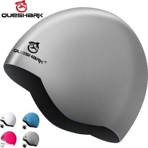 Queshark 2 in 1 Seamless Swimming Caps Long Hair Silicone Waterproof 3D Women Men Swimming Pool Caps Earmuffs Diving Swim Hat