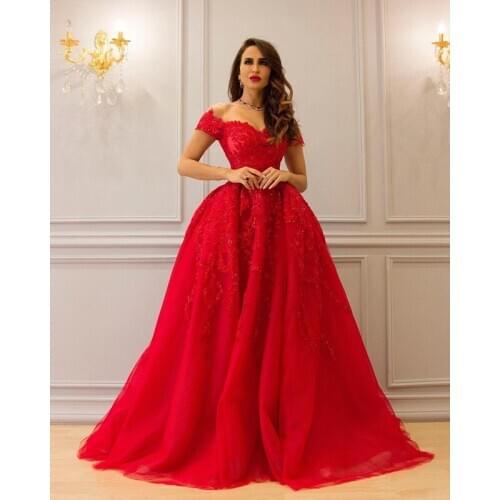 Red Evening Dresses Ball Gown Off The Shoulder Tulle Appliques Beaded Dubai Saudi Arabia Long Prom Dress Gown Robe De Soiree