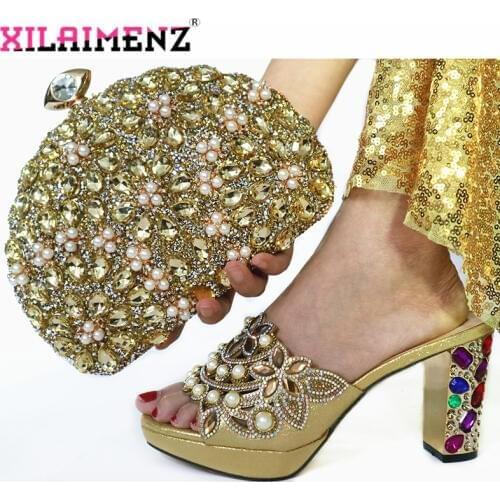 Hot Selling Fashion Shoes and Bag Set Italian Sets Gold Color Nigerian Shoes with Matching Bags for Royal Wedding Party