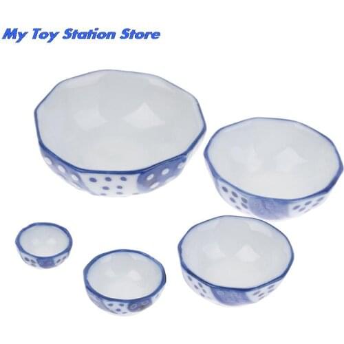 5Pcs Dollhouse Miniature Funiture Blue and white Ceramics Rice Bowls Classic Kitchen Pretend Play Toys for Children Kids Gift