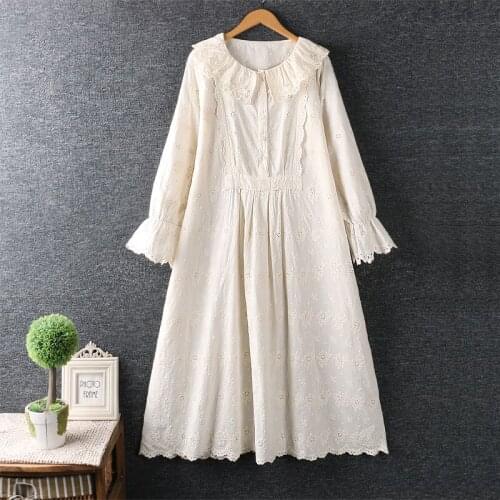 New Autumn Women Dress Japan Style Fresh Peter Pan Collar Embroidery Cotton linen Loose Casual Long Dresses All-match