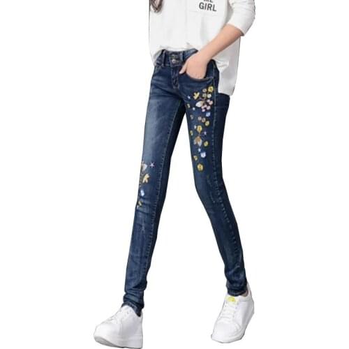 New Autumn Denim Stretch Womens Jeans Embroidery Mujer Fashion Slim High Waist Jeans For Women Skinny Embroidered Jeans Woman