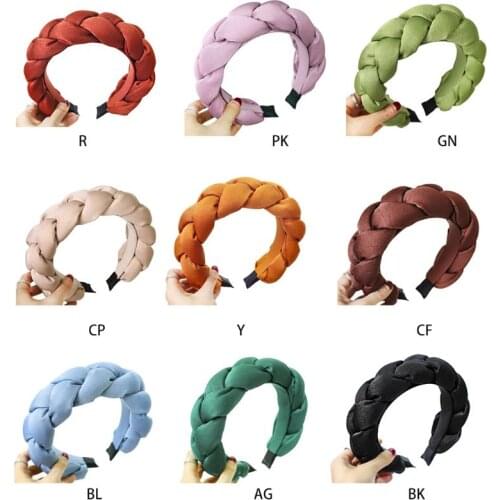Women Chunky Jumbo Braided Wide Headband Thicken Sponge Padded Hair Hoop Velvet Bright Solid Color Imitation Silk Tiara Headwear