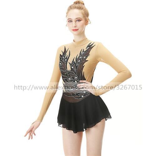 Figure Skating Dress Womens Girls' Ice Skating Competition Dress Stand collar black sexy long sleeves Handmade Skating Wear