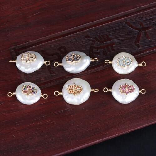 White blue mint mix cz gold fatima hand hamsa luck charm freshwater pearl connector beads charm for bracelet earring jewelry DIY