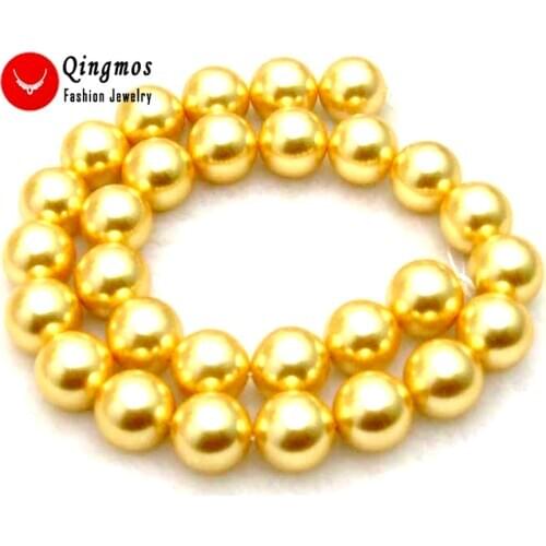 Qingmos 12mm Round Gold Sea Shell Pearl Beads for Jewelry Making DIY Necklace Bracelet Earring Loose Strands 15" los251