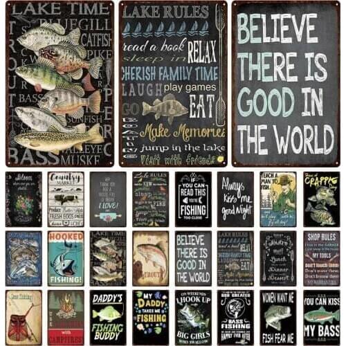 Hooked Fishing Place Fishing Tackle Shop Restaurant Home Metal Plate Pendant Plaque Iron Painting Metal Tin Sign Poster