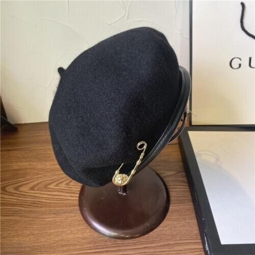 Spring Autumn Wool PU Brim Metal Pin Fashion Lady Beret Hats For Women Leisure Painter Hat Bonnet Cap шапка chapeau femme