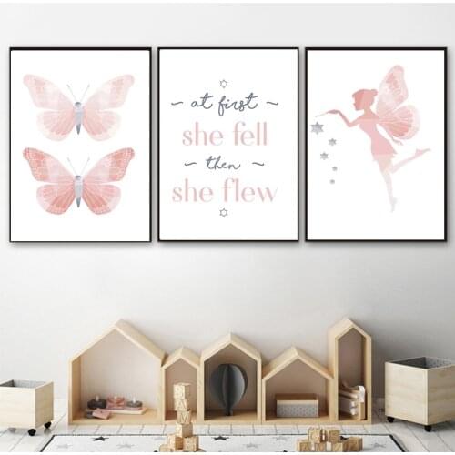 Fairy Pink Butterfly Custom Kawaii Girls Posters Nordic Canvas Paintings Print Wall Art Picture For Kids Baby Bedroom Home Decor