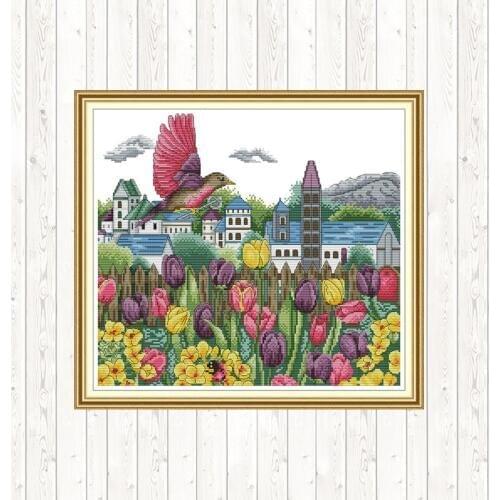 Tulips and Bird Counted Dmc 14ct 11CT Cross Stitch Needlepoint DIY Embroidery Needlework Sets Cross Stitch Kits Wall Home Decor