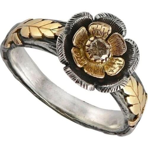 Retro Ancient Silver Color Carved Golden Color Leaves Flower Plants Female Alloy Ring for Women Party Jewelry Accessories