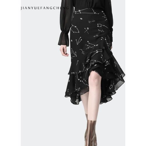 Summer Women Constellation Printed Black Tulle Skirt Irregular High Waist Midi Mermaid Wrap Skirts Sexy Street Office Wear Skirt