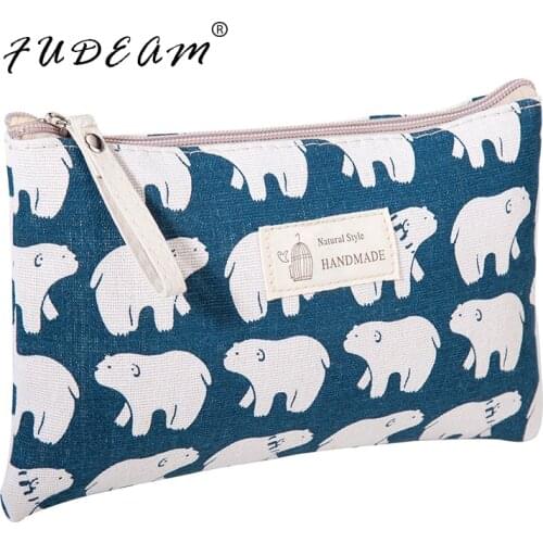 FUDEAM Soft Canvas Bear Tree Print Pattern Women Cosmetic Bag Travel Toiletries Storage Organize Cute MakeUp Bag Female Wash Bag