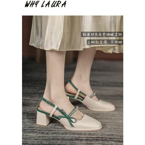 Summer woman shoes cool small pair after empty single shoe bowknot pearl square Mary thick heels 2021 new outdoor with full temp