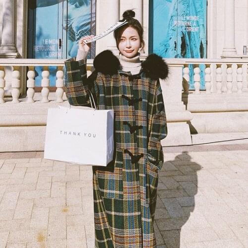 Womens Horn Buckle Retro Plaid Woolen Coat Autumn Winter Thick Mid-Length Korean Style Loose Over-The-Knee Woolen Coat LLCCMM11