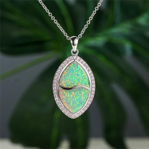 Rose Gold Silver Color Chain Necklace Big Leaf Crystal Wedding Necklace Charm Female White Blue Opal Pendant Necklaces For Women