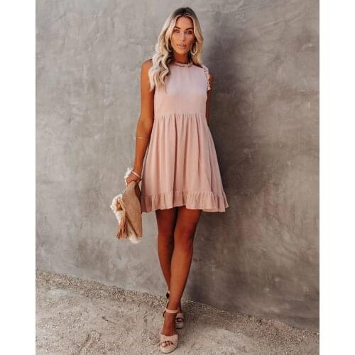 New summer fashion womens lotus leaf dress casual round neck sleeveless loose dress butterfly sleeve solid color slim dress