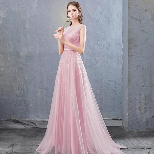 2020 New Fashion Women Evening Dress Illusion O-neck Floor Length Formal Dress Beading Sleeveless Banquet Party Dresses