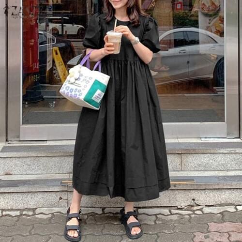 ZANZEA Women Vintage Short Puff Sleeve Dress Summer Sundress Loose Casual Korean Vestidos Female Fashion Solid Party Dresses