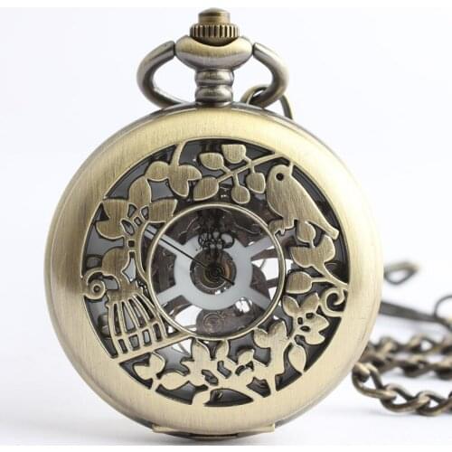 10pcs/lot Bronze Birdcage Mechanical Pocket Watch Skeleton Transparent Case Hand Wind Gift Watches Hot Sale