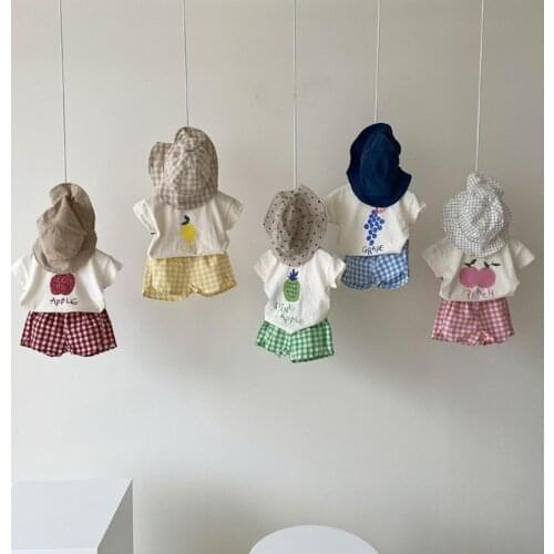 2021 Korean Ins Baby Fruit Tshirt Short Sets Newborn Baby Boys Girls Cotton Short Sleeve Tshirt+Plaid Shorts 2pcs Clothing Sets