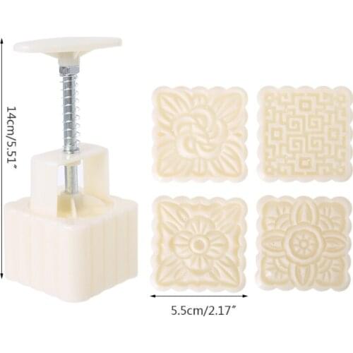 4pcs Square Hand Press Stamp Moon Cake Decor Barrel Mooncake Mold 100g Pastry DIY Tool Mid-Autumn Festival