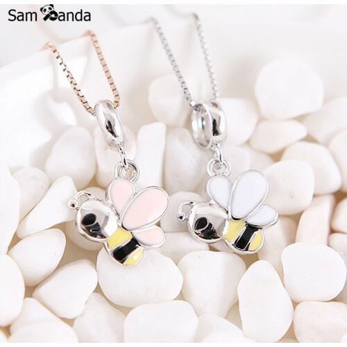 Authentic 925 Sterling Silver Enamel Cute Honeybee Charm Pendant Fit Pandora Bracelets Necklaces For Women DIY Jewelry