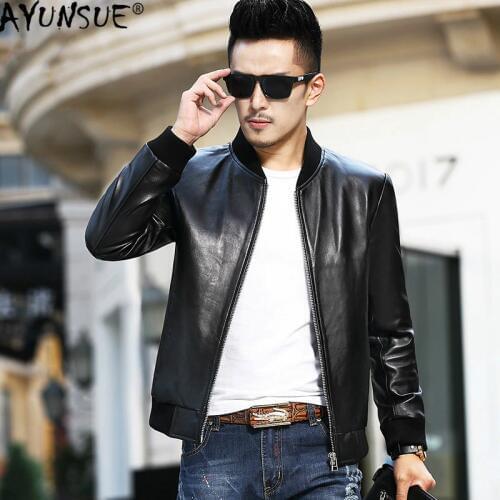 AYUSNUE Mens Leather Jacket Short Genuine Sheepskin Leather Coat for Men Spring Autumn Bomber Jacket Veste Cuir Homme L16009