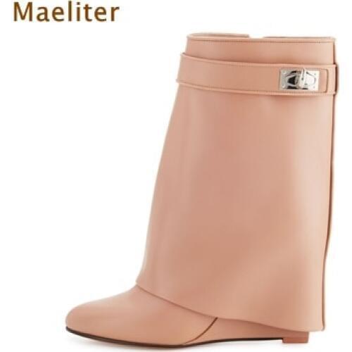 Matliter Middle Boots Women Nude Top Quality PU leather Turn-over Boots Silver Metal Decoration Wedge High Heels Dress Shoes