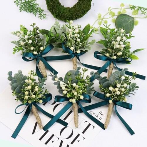 New Corsage Wedding Boutonnieres Green Roses Silk Bracelet Flowers Groom Man Suit Buttonhole Brooch Pins Marriage Accessories