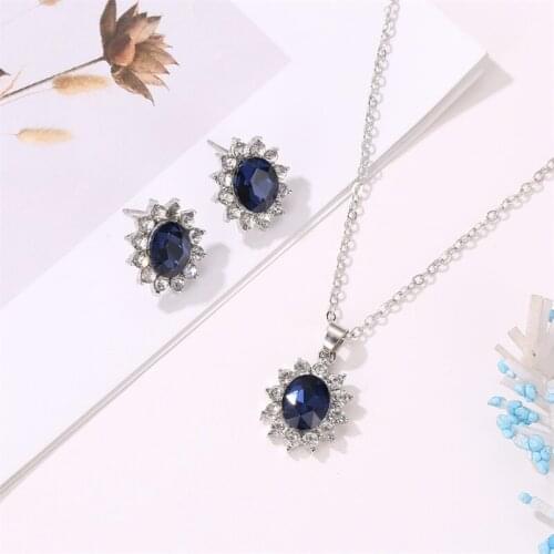 Zircon Dark Blue Oval Sunflower Cats Eye Stone Silver Plated Alloy Necklace Stud Earrings Jewelry Sets for Women