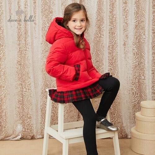 DKH15119 dave bella winter baby girls 5Y-13Y fashion plaid hooded down coat children 90% white duck down padded kids jacket