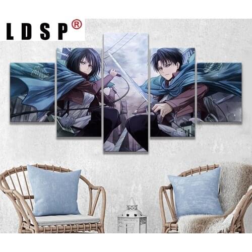 LDSP Canvas Paintings 5panels Anime Charater Attack Ackerman and Mikasa Wall Art Posters HD Print Pictures No Framed Home Decor